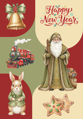 Vintage Christmas and New Year Card with Santa Claus and Rabbit