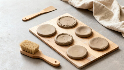 Wooden board with raw clay pieces and sculpting tools on gray surface  