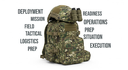 Essential Military Gear: Helmet, Backpack, and Strategic Concepts
A professional studio shot of essential military equipment—a camouflage tactical backpack stacked with a helmet equipped with 