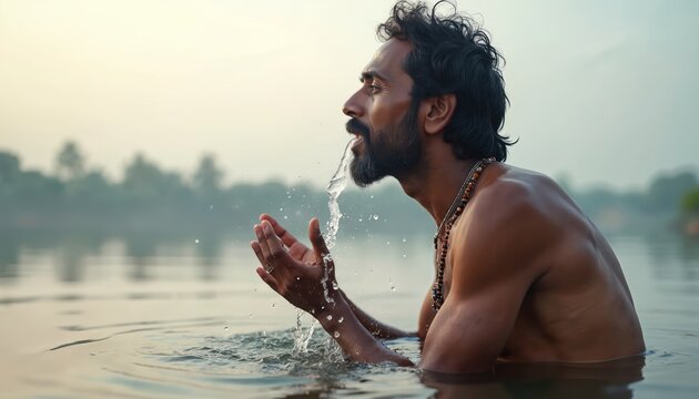 Indian man drinks water from lake. He is immersed in water refreshing himself. Person enjoys clean, clear liquid. Hydration for health, well-being. Thirst quenching summer action.
