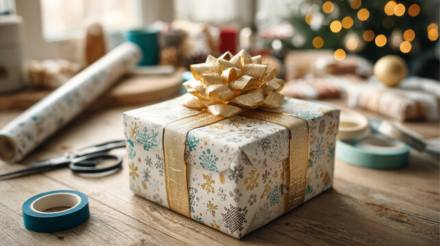 Beautifully wrapped Christmas gift box with golden bow, surrounded by wrapping supplies on wooden table. Cozy festive atmosphere with blurred tree lights in background