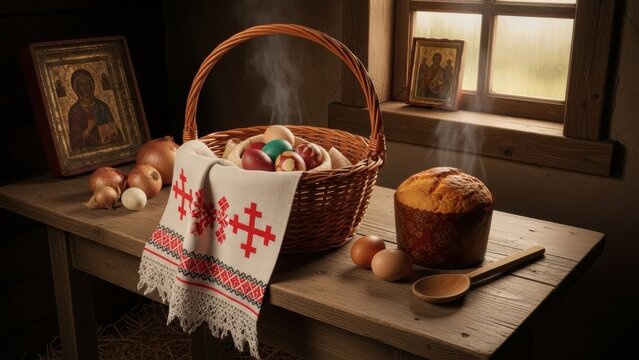 Still life with Easter cake, colored eggs in basket, icons, and embroidered towel on wood table