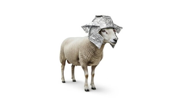 sheep wearing a tinfoil hat, paranoid, paranoia, on a white background, animal photo
