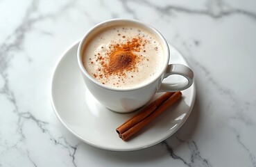 Obraz premium Hot salep drink in white cup with cinnamon powder and sticks. Frothy milk beverage on marble surface, ideal for autumn or winter comfort food themes.