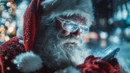 Santa Claus wearing glowing smart glasses checks data on smartphone in snowy festive setting