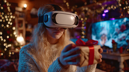 Christmas meets technology: woman in VR headset holding a present in a warmly lit holiday room