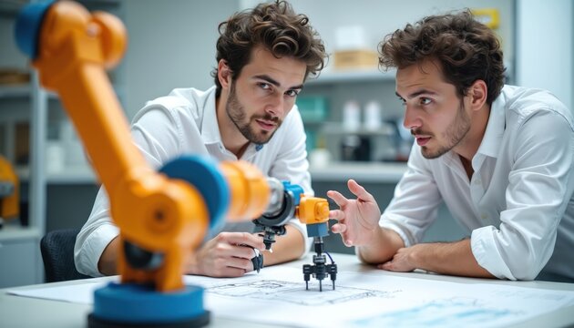 Two male students in engineering class work on robot arm. Young men collaborate on mechanical project using blueprints. Future tech innovation and teamwork learning.