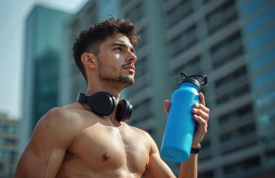 Young muscular man with headphones around neck holds blue water bottle in hand. Shirtless fit runner takes a break after jogging in urban city on sunny day. Athlete rehydrates after outdoor exercise.