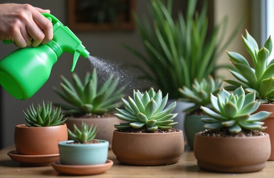 Person sprays water onto small potted succulents indoors. Hand holds green mister over collection of diverse cacti and leafy green plants arranged on wooden surface. Home plant care routine.