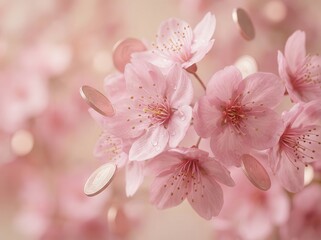 Obraz premium Blossoming Cherry Flowers with Floating Coins Aesthetic