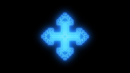 Blue glowing decorative neon cross illustration on a dark black background, featuring intricate ornate lines and a spiritual light, perfect for religious symbolism and futuristic concepts
