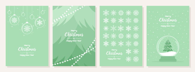 Set of Christmas and New Year greeting cards with holiday design elements in vertical format and pastel green colors. Flat vector illustration