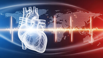 Transparent human heart with electrocardiogram and world map background anatomy medical