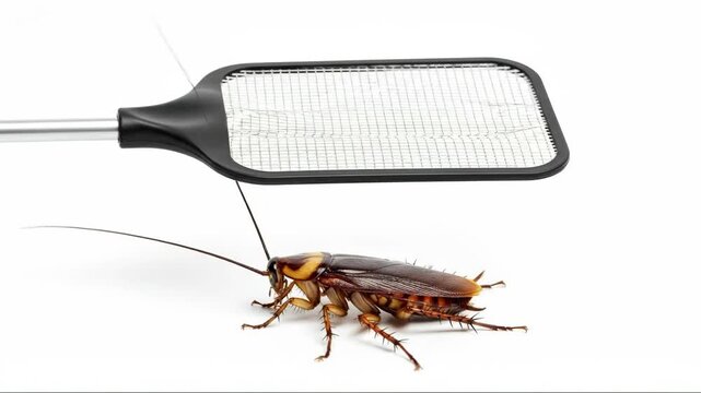 Cockroach and electric fly swatter isolated on a white background, concept pest control and insect extermination at home