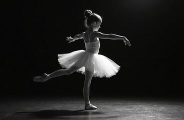 Young ballerina practices elegant dance move. Girl in white tutu and ballet shoes performs on dark stage. Female dancer stretches arms and leg in classical ballet pose.