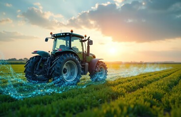 Modern tractor drives across field. Agricultural machine harvests crops. Tech and innovation in eco farming. Future farming with autonomous smart vehicles at work.