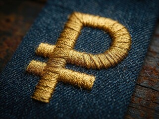 Golden Embroidery of the Russian Ruble Symbol on Denim