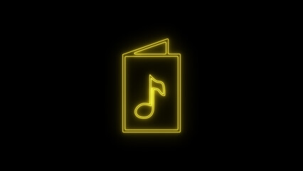 Vibrant yellow neon glowing musical note icon within an open book outline, a modern digital graphic illustration with bright line art on a solid black background