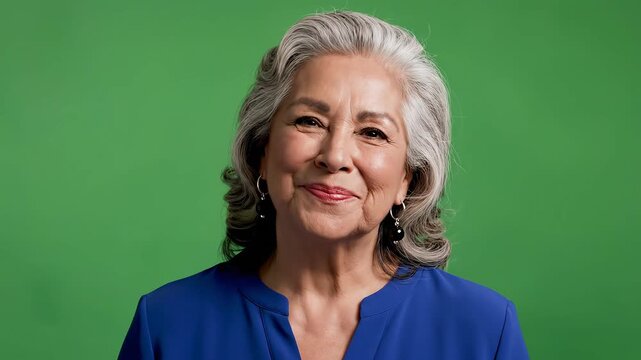 Portrait of a cheerful senior Hispanic woman with gray hair smiling brightly against a vibrant green background exuding warmth and positivity in a studio setting.