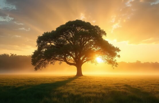 Large tree stands alone in green field at sunrise. Sun shines behind tree creating warm glow. Sky is orange with clouds and grass is lit by sunlight. Foggy mist covers ground.