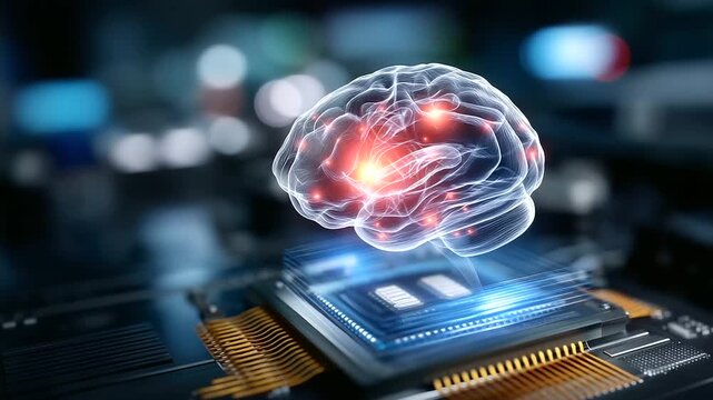 Brain atop computer chip, three-dimensional model, artificial intelligence concept, neural technology integration, cognitive computing display, medical innovation visual, digital h