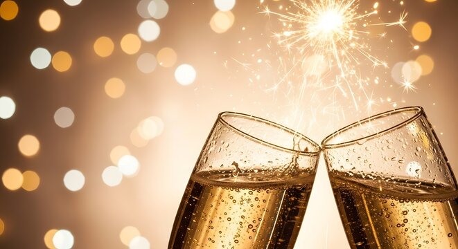 Champagne toast with sparkler celebration against bokeh background - Powered by Adobe
