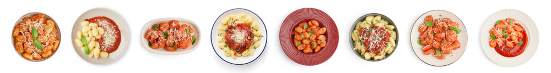 Set of tasty gnocchi on white background