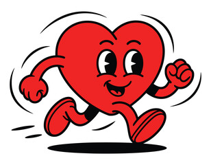 Fototapeta premium A cartoon heart with arms and legs is running energetically, depicted in a retro style.