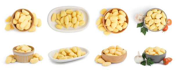 Set of tasty gnocchi on white background