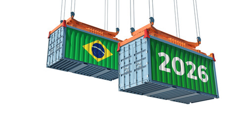 Trading 2026. Freight container with Brazil national flag. 3D Rendering 