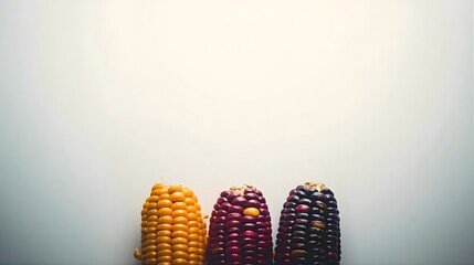 Three vibrant yellow and purple corn cobs at bottom of white background