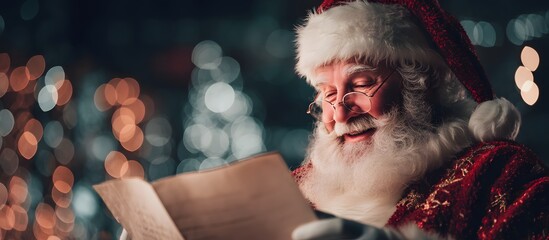 portrait of santa claus reading a letter background of lights with copy space