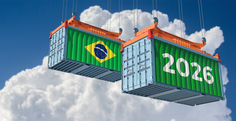 Trading 2026. Freight container with Brazil national flag. 3D Rendering 