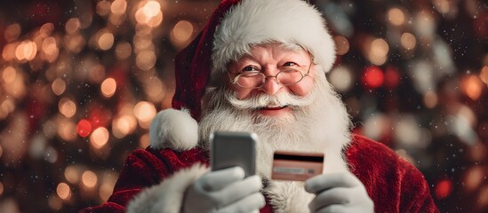 Santa Claus with credit card and phone, online shopping concept
