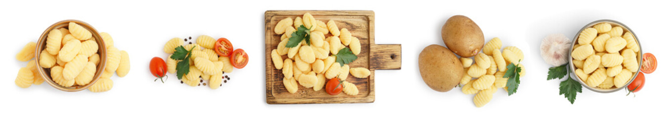 Set of tasty gnocchi on white background, top view
