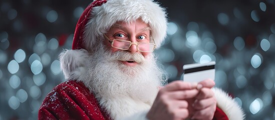 Santa Claus with a credit card on a blurred background