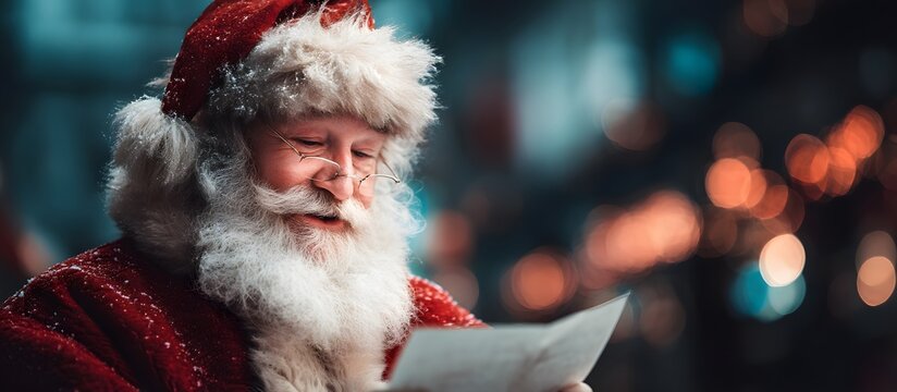 portrait of santa claus reading a letter background of lights with copy space