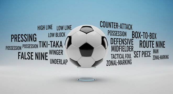 Soccer Tactics: Floating Ball Surrounded by Technical Jargon A contemporary, conceptual image centered on a classic black-and-white football (soccer ball) floating in a light, ethereal setting