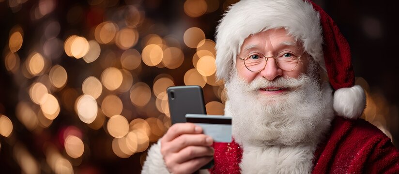 Santa Claus with credit card and phone, online shopping concept - Powered by Adobe