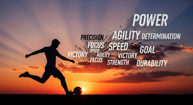 Power and Precision: Football Player Silhouette at Sunset A dramatic silhouette of a male football (soccer) player in mid-kick, powerfully striking the ball at sunset. The vibrant, warm sky provides 