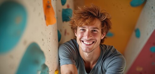 Smiling athletic man rests after climb indoor. Redhead male climber leans on wall in gym. Young person enjoys extreme sport. He loves climbing, health and active lifestyle is very important.