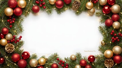 Christmas border frame with red and gold ornaments, pine branches, soft glowing lights, clean white center copy space, ultra-detailed, photorealistic