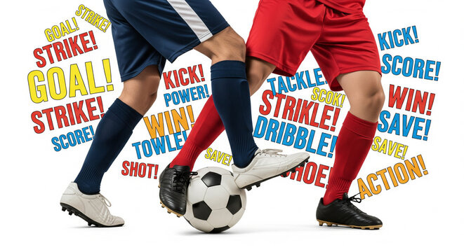 Intense Soccer Action: Kick, Goal, Tackle Word Cloud A vibrant, high-energy photograph capturing the lower half of two football (soccer) players mid-action, legs extended, battling for possession 
