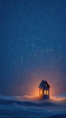Naklejka premium glowing lantern beside snowdrift under starry midnight sky