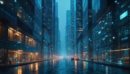 Modern city street with glowing blue digital data streams flowing over glass buildings at night. Cars drive on wet pavement reflecting lights of skyscrapers.