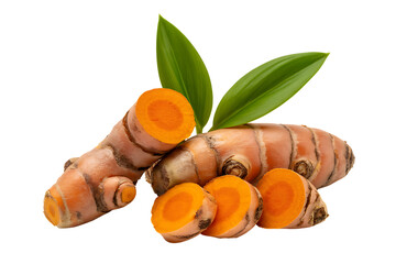 Turmeric rhizome and slices with fresh green leaves isolated on transparent background 