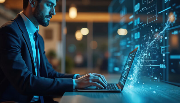 Man in suit works on laptop. Digital interface shows growing graph and data points. Person uses computer for business analytics and strategy planning.
