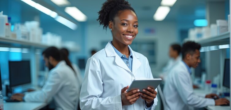 Smiling african woman holds tablet in laboratory with colleagues. Female doctor in white coat works in clinic. Medic researches test results using tech. Confident professional studies data in - Powered by Adobe