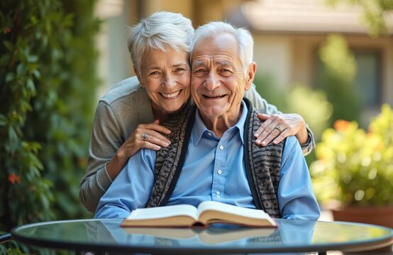 Joyful senior couple embrace outside. Elderly man and woman smile looking at camera. Husband and wife enjoy retirement reading book together on patio.