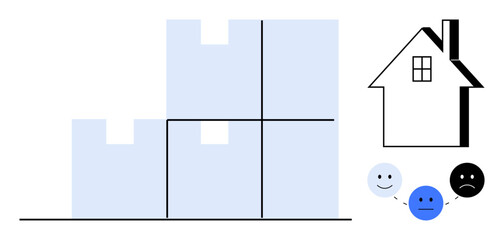 Stacked modular blocks, simple house outline, and three faces showing emotions. Ideal for problem-solving, home organization, emotions, strategy, construction, decision-making and teamwork in